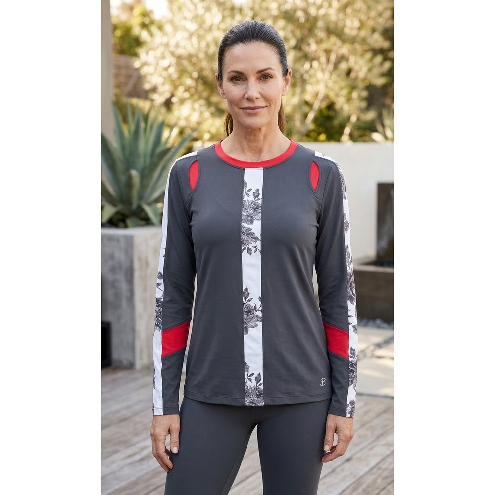 Sofibella Women's Long Sleeve Athletic Top Size L Grey Red Floral Trim‎ Sports